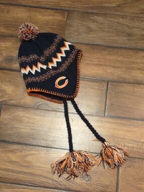 NFL Kids Earflap Pom Beanie in Black, Orange & White. Boys Size 8-20.